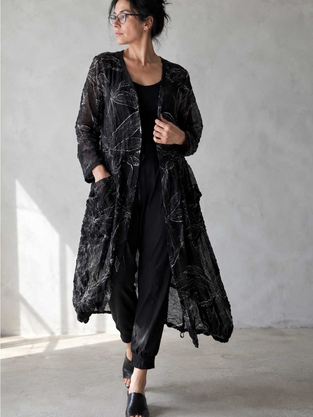 Alembika Sheer Crinkled Duster Oversized Fit Black Leaf Print Size S